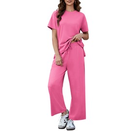 PINSPARK Lounge Sets for Women Soft Wide Leg Two Piece Sets with Pocket Drawstring Short Sleeve Crewneck Casual Travel Outfits,Rose Red Large