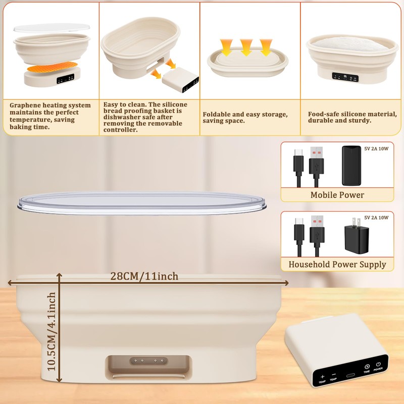 PChero Heating Sourdough Bread Proofing Basket with 6 Temp &