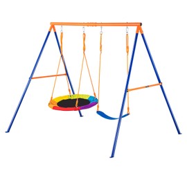Happybuy Swing Set for Backyard, 1 Saucer & 1 Belt Swing Seat, 440lbs Load Capacity,Heavy Duty Metal A-Frame Stand, Adjustable Ropes, Outdoor Swingset for Kids