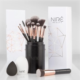 Niré Beauty Set de 15 Brochas de Maquillaje Profesional, Negro y Oro Rosa  Base, polvo, rubor, difuminado, sombra, cerdas veganas, estuche, esponja,  