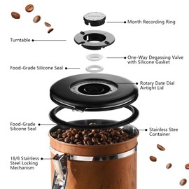 Bincoo Stainless Steel Coffee Canister with Date Tracker - 1500ml/18oz Airtight Woodgrain Container for Coffee Beans, Ground Coffee, Tea, Sugar Storage