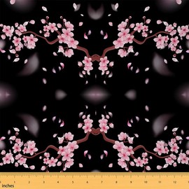 Cherry Blossoms Upholstery Fabric by The Yard, Japanese Style Decorative Fabric for Upholstery and Home DIY Projects, Sakura Flower Waterproof Outdoor Fabric, 1 Yard, Pink Black