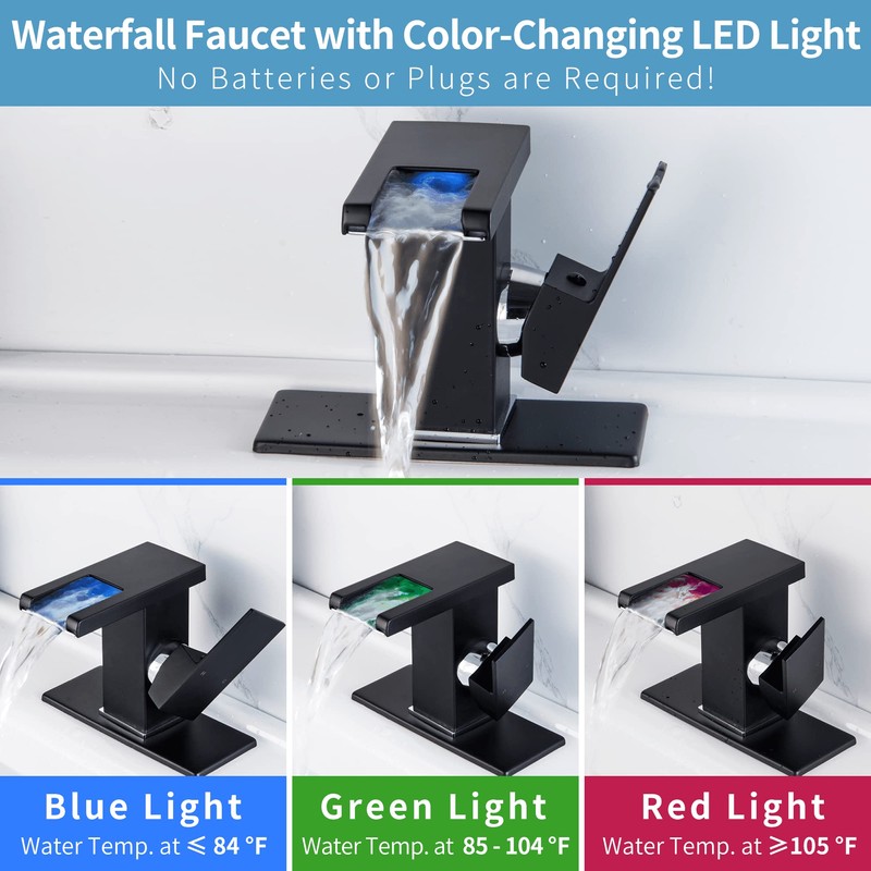 Y-Garhe Black Waterfall Bathroom Faucet, LED Faucet Waterfall, Single Hole