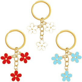 HOSBY 3 Pcs Keychains for Women, Cute Classy Bag Charm Flowers Key Chain Car Key Ring Pendant for Purse Handbag Bags Decor, 3 Colors/Blue&white$red, One Size