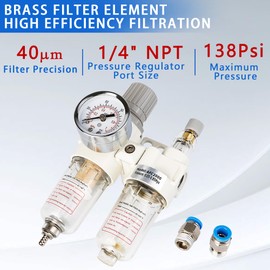 WeiTeng 1/4" NPT Compressed Air Filter Regulator Comb, 5 Micron Brass Filter, Semi-Auto Drain, Polycarbonate Bowl ，0-145 PSI Gauge,for Industrial Pneumatic Systems & Air Compressors