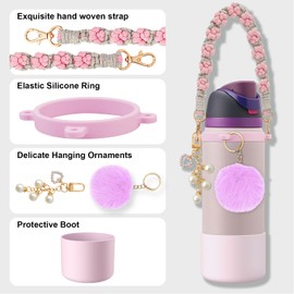 yoelike Silicone Boot Accessories for Owala Water Bottle 40 OZ, Anti-Slip Protective Sleeve Handle Strap Plush Ball Key Chain for FreeSip, Twist, and Flip Stainless Steel Water Bottles(Pink)