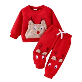 MAHUAOYIXI Christmas Costume Suit My First Christmas Outfit 0-4 Years Toddler Infant Boys Girls Costume Christmas Clothes Set Long Sleeve Embroidery Sweatshirt Pullover Long Pants (Red, 2-3 Years)