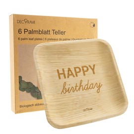 DECORAMI - celebrate happy times Palm Leaf Happy Birthday Plates, Pack of 6, 20.5 x 20.5 cm, Brown, Environmentally Friendly Disposable Tableware for Birthday and Party, Biodegradable