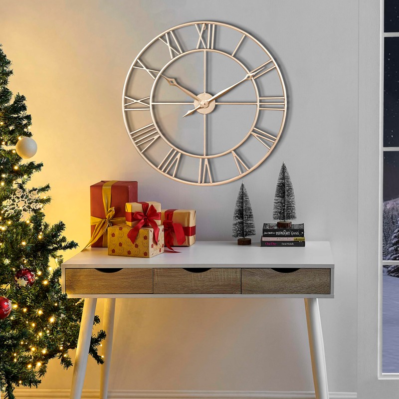 CLXEAST 30 Inch Wall Clock,Large Champagne Gold Metal Roman Numeral