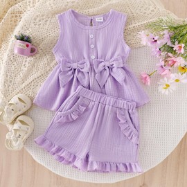 Aenbilo Baby Girl Clothes 12 18 Months Infant Summer Outfits Cute Bow Sleeveless Top and Ruffle Shorts 2pc Set Purple 12-18 Months