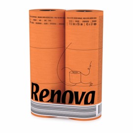 Renova Orange Toilet Paper 3-Ply - Pack of 6 Rolls, 140 Sheets Each - Eco-Label Certified, Dermatologically Tested, Septic Safe, Sustainable & Soft
