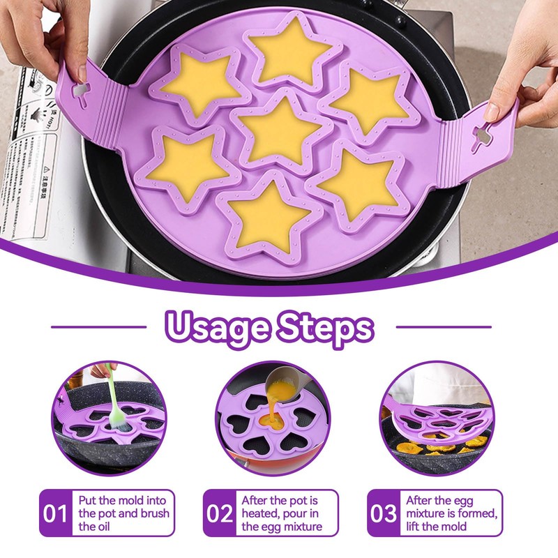 2PCS Pancake Maker Mold, 7 Cavity Star/Heart Shape Nonstick Reusable