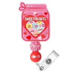 JoyAura ID Badge Holder - Valentine's Day Beaded Badge Reel Retractable Work Accessories, Pink Sweethearts Name Badge Clips with Acrylic Glitter Couple Holiday Gifts