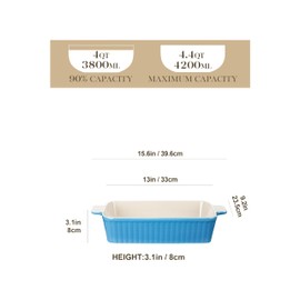 MALACASA 4.4 QT Baking Dish, 9x13 Large Casserole Dish for Oven, Ceramic Baking Pan, Rectangular Lasagna Pan Deep with Handles for Baking, Durable Microwave Oven Safe, Blue, Series BAKE-BAKE