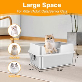 TownTime Stainless Steel Litter Box with High Sides,Anti-Splashing Large Cat Litter Box with Handle,Non-Sticky Metal Litter Box,Anti-Leakage Big Litter Box,Kitty Litter Box (White, Large)