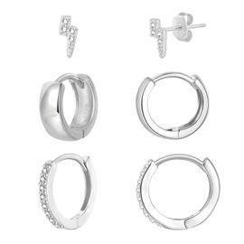 SILBERTALE Set of 3 Pairs of Earrings 925 Silver Mini Hoop Earrings with Balls Wide Hoop Earrings Small Zirconia Stud Earrings Girls Women, Sterling Silver