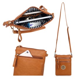 Solene Women's Faux Leather Organizer Multi Zipper Pockets With Detachable Wristlet Crossbody Bag -WU002L (Tan)