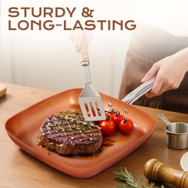 Toutrop Non-Stick Copper Square Frying Pan, 12" Chef Skillet with Ceramic Coating, Oven Dishwasher Safe, PFOA-Free, Home Use for All Stoves