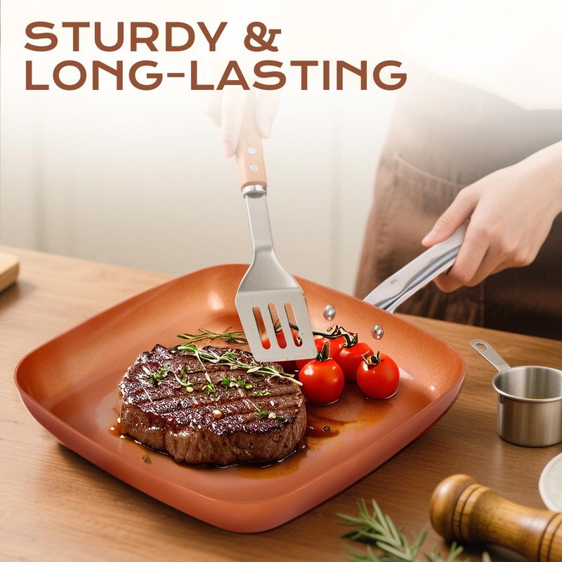 Toutrop Non-Stick Copper Square Frying Pan, 12" Chef Skillet with
