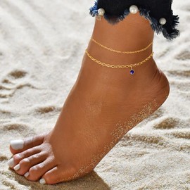 Gokeey Gold Ankles for Women，14K Gold Plated Anklet Bracelets for Women Waterproof Double Chain Ankle Bracelet with Cubic Ziron