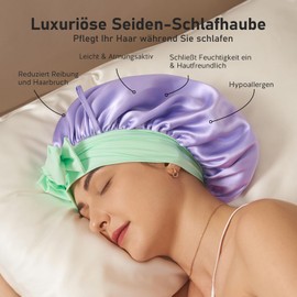 LitBear 100% Mulberry Silk Sleep Cap for Women, 6A 22 Momme, Large Double Layer Silk Hood with Elastic Band for Tying Non-Slip Silk Turban (Purple and Green)
