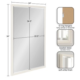 Kate and Laurel Makenna Traditional Rectangle Wall Mirror, 24 x 36, Soft White, Beaded Vintage Bathroom Mirror with Ornate Detailing and Beveled Edge Design