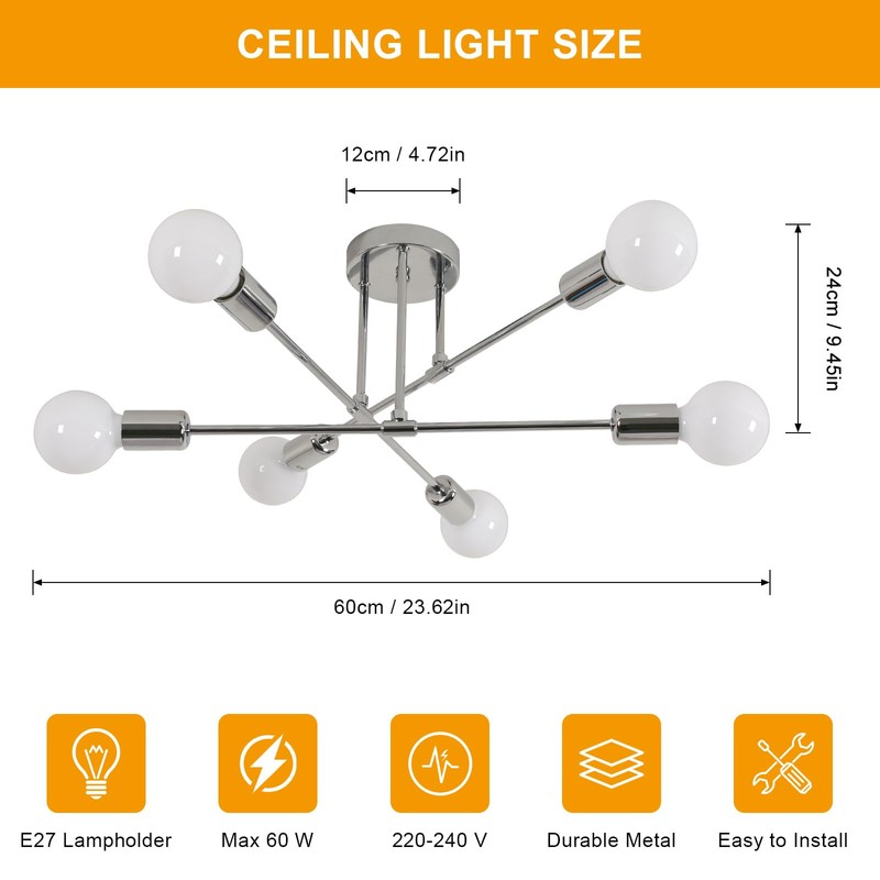 Comely Modern 6-Light Sputnik Chandelier Ceiling Lights, Adjustable Semi-Flush Mount