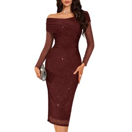 BeryLove Off Shoulder Classy Wedding Guest Dresses Sparkly Long Sleeve Midi Cocktail Ruched Bodycon Mesh Evening Gown Maxi Sequin Stretch Cross Wrap Bust Baby Shower Dress Burgundy L