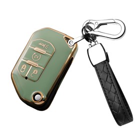 HIBEYO Funda para Llave para Jeep 2020 2021 Gladiator JT Sahara JLU 2018-2021 Jeep Wrangler JL JLU Rubicon con Llavero Accesorios de Carcasa para Llave Jeep Flip 4 Botones (Verde)