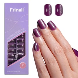 Frinail 150Pcs Cat Eye Press on Nails Short Square, Soft Gel Fake Nails, Purple Glossy Glitter Cat Eye Nail Tips for Women and Girls Stick On Nails in 15 Sizes