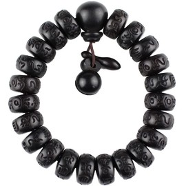 vv8oo Wooden Beads Bracelet Lightning Struck Jujube Wood Black Bead Engraved with Sanskrit Words Mala Prayer Feng Shui Lucky For Women Men (Black, B_13mm)