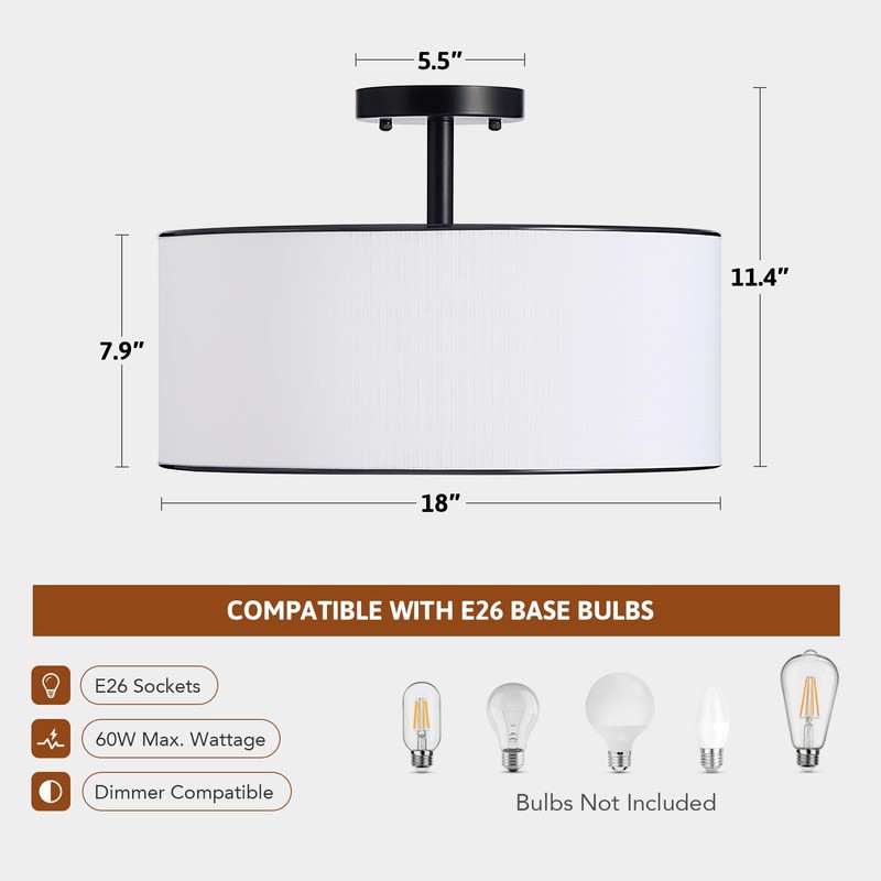 VONLUCE Semi Flush Mount Ceiling Light, 18" Ceiling Light Fixture