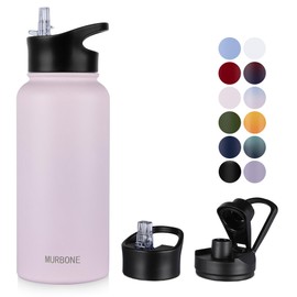 MURBONE Insulated Water Bottle, 1L Stainless Steel Drink Flask with Straw, BPA Free, Leakproof Double Walled Vacuum Bottle with 2 Lids (Straw and Spout), Pink