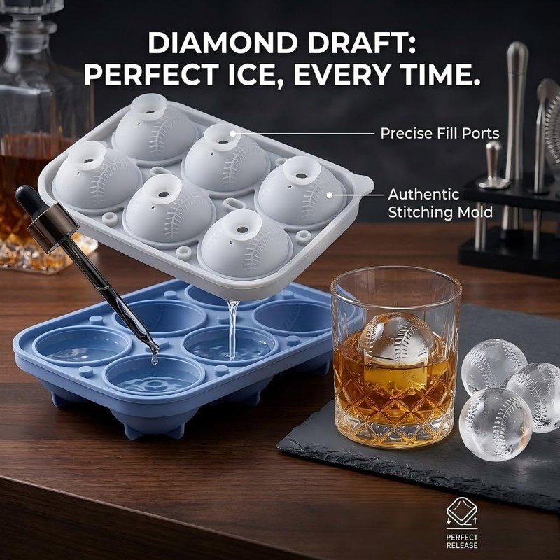 Baseball Sphere Ice Cube Mold,6-Cavity 3D baseball silicone molds,Blue, 1pc