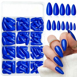 LoveOurHome 240pc Almond Press on Nails Medium Length Blue Fake Nail Tips Full Cover Artificial Fingernail French Short Stiletto Glue Nail Press ons with Adhesive Tabs for Women Girls