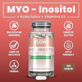 Flow Supplements | Myo-Inositol + Ácido Fólico + Vitamina D3-90 Cápsulas de 500 mg - Suplemento Alimenticio con Inositol y Vitaminas - Sin Azúcar, Sin Gluten y Libre de Aditivos