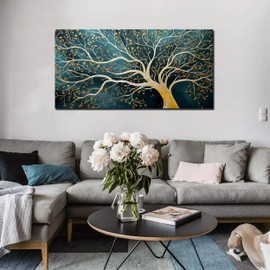 ENTANUB Tree Wall Art for Living Room, Gold and Green Abstract Wall Decor for Bedroom, Tree of Life Print Paintings Artwork, Size 24x48 Inches