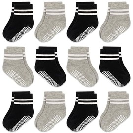 GRPSKCOS Baby Toddler Non Slip Socks 12 Pairs Toddler Grip Socks Newborn Socks with Grip Anti Slip Crew Socks for Boys Girls（#4 Black+Light Grey 0-6 Months）