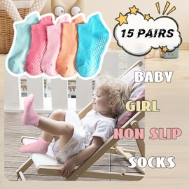 HYCLES 15 Pairs Girl Grip Socks Non Slip Toddler Girls Socks Baby Ankle Sock for 3-5T Kids
