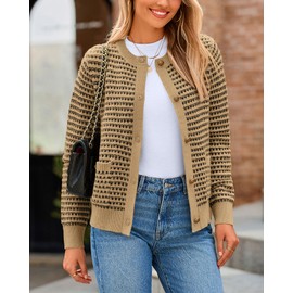 PRETTYGARDEN Women's Cardigan Sweaters 2025 Spring Long Sleeve Button Down Open Front Chunky Knitted Jackets Cute Outwear(Khaki,Small)
