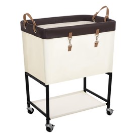 StorageWorks Laundry Cart, 2 Tier Rolling Basket with Wheels, 29 Gal, Beige
