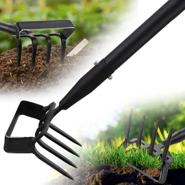 Garden Hoe, 2-in-1 Stirrup Action Hoe with 4-Tine Cultivator Rake, 74 Inch Long Handle Scuffle Weeder Hoe Weeding Tool for Fast Weeding, Soil Loosening, Aerating and Compost Mixing