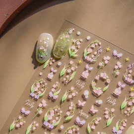 LIFOOST Nail Art Stickers 5D Embossed Pink Flowers Stickers Crystal Diamond Spring Nail Decals for Women Girls Manicure DIY Nail Supplies