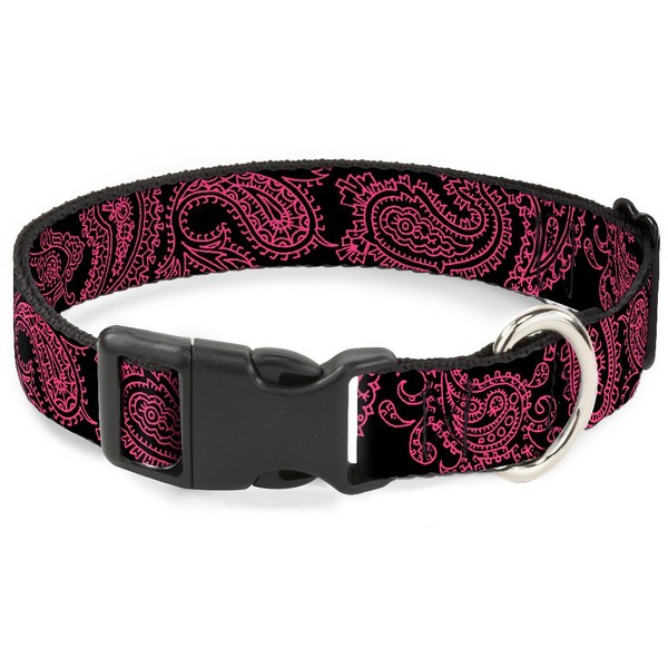Buckle-Down 9-15" Paisley Black/Neon Pink Plastic Clip Collar, Small