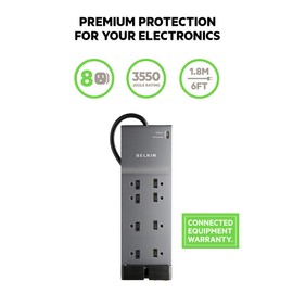 Belkin Power Strip, Belkin Surge Protector - 8 AC Multiple Outlets (3550 Joules) - 6 ft Long Flat Plug Heavy Duty Extension Cord for Home, Office, Travel, Computer Desktop & Phone Charging Brick - Black