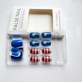 ONPRESS 24Pcs 4th of July Press on Nails Short Square Fake Nails Independent Day Glitter Line Acrylic Nails False Nails with White Star Design Red Blue Solid Color Full Cover Glue on Nails for Women