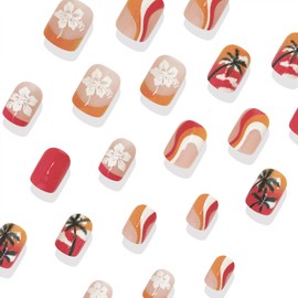 Vopintpy Flower Coconut Tree Press on Nails Colorful Stripe French Tip Fake Nails Short Square Artificial Glue on Nails Glossy Full Cover Acrylic Stick on Nail for Women DIY Manicure