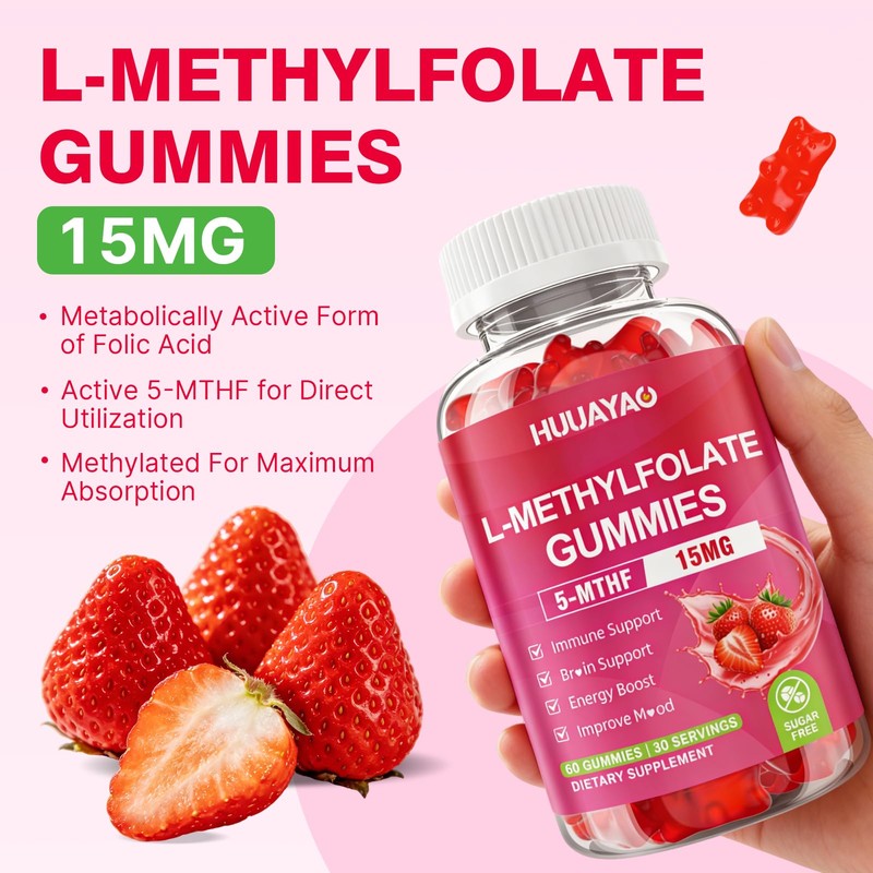 HUUAYAO L-Methylfolate 15 mg Gummies, Methylfolate Supplement, Folate 5-MTHF Supplement