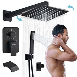 Arsuonta 10 Inch Square Black Shower Faucet Set with Tub Spout，Shower Combo System Rainfall Shower Head and Handheld Wall Mount High Pressure Balance Shower Valve Kit for Bathroom