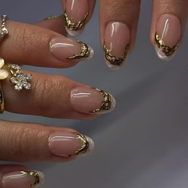 Press on Nails Medium Almond Fake Nails White French Tip with 3D Gilded Line Design Glitter False Nails Full Cover Glossy Glue on Nails Acrylic False Nails for Women Girls 24 Pcs (Gold-1, M-1)